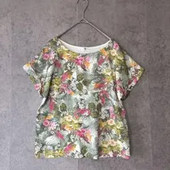 ヒアーズタウン ボタニカル花柄 半袖トップスM バック切替 上品 異素材デザインのサムネイル