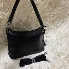 ブラック シボ皮レザーショルダーバッグ ハンドバック3way