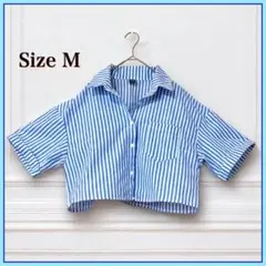 SHEIN 半袖 ブラウス シャツ ストライプ 水色 白 ショート丈 M 春夏