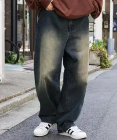 MONO-MART ヴィンテージライクオーバーダイワイドデニムパンツ