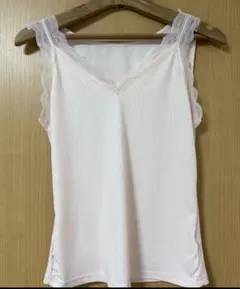 未使用レース付きタンクトップ ピンク リブ Vネック　M