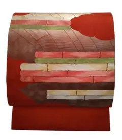 【使用感少】名古屋帯 朱赤 竹文様 金箔 手描き風 織り出し 華やか