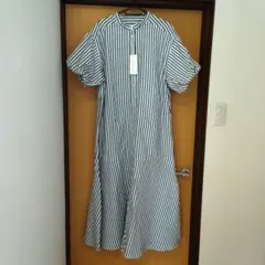 ストライプ 白×黒　半袖シャツワンピース　Mサイズ　新品