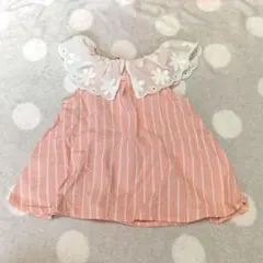 ♡ petit main 花柄トップス 90 ピンクストライプ フリル襟