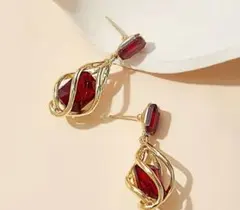 ラインストーンイヤリング モデル 水滴 パーティー ジュエリー レッド 赤色