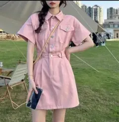 ピンク 半袖 デニムワンピース