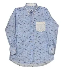 70s vintage 長袖　デカ襟　柄シャツ　メンズ　古着　水色　魚柄