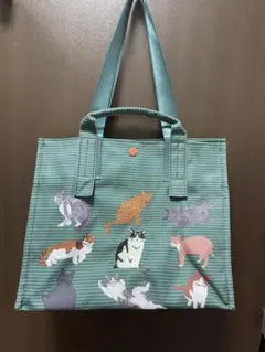 猫イラスト トートバッグ 緑色