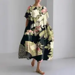 XL 和風 花柄 扇子模様 半袖 ワンピース ゆったり