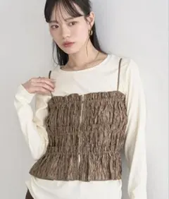ブラウン ギャザー シャーリングビスチェモカ 茶色ブラウン