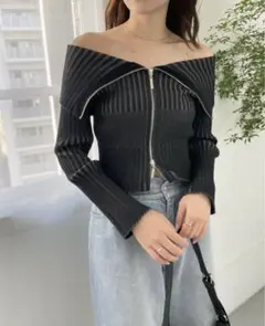 chico ダブルジップオフショルジャガードニット　ブラック【年末年始セール】