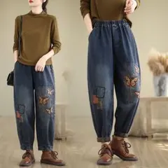 九分丈 綺麗め 刺繍 デニム ジーパン シンプル ゆったり テーパードパンツ