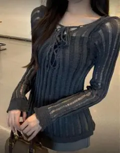 ダークグレー ストライプ 長袖ニット