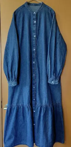 GUデニムロングワンピースフリルカジュアル系ナチュラル系フェミニン可愛い服長袖