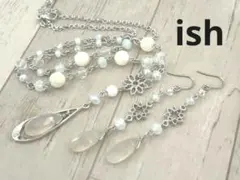 【A072】ish白メノウカットドロップ・ホワイトMOPネックレス＆ピアス