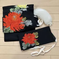 7.6美品 帯3点セット 黒地 牡丹 作り帯 半幅帯 帯枕 着物 和装 レトロのサムネイル