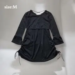 マタニティ服　チュニック　ブラック　体型カバーリボン　サイドギャザー　可愛い　黒