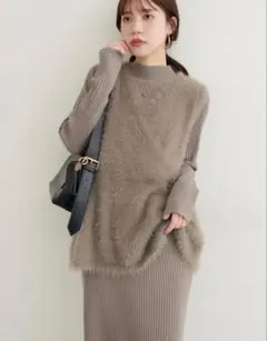 フェザーペプラムベスト+リブタイトワンピースSET