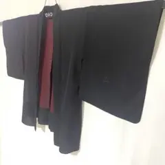 5k859 羽織　正絹　夏物　薄物　紗　黒　臙脂色　花柄　和装　着物