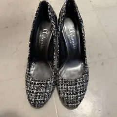 ダイアナパンプス 黒と白のツイード ヒール約8cm
