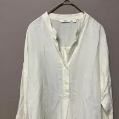 【タグなし】ユニクロ　スキッパーブラウス(M) オフ ホワイトリネン調シャツ