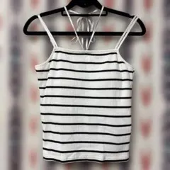 ボーダーキャミソール 白黒 リブ編み　 前中心の紐は取り外し自由