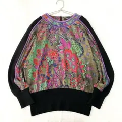 【レオナール】切替ニットセーター 花柄 バックファスナー 毛シルク混 Mのサムネイル