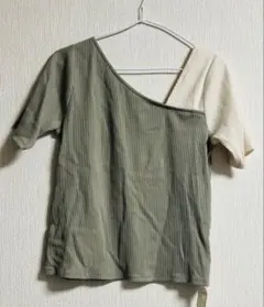 袖配色リブT カーキ＆アイボリー レディース