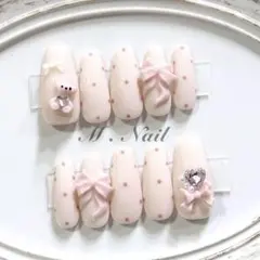 ネイルチップ フレンチガーリー リボン ドット クマネイル 量産型 韓国