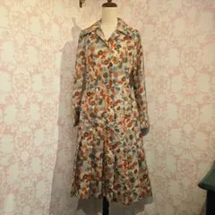 ヴィンテージヨーロッパ古着レトロ花柄長袖シャツワンピースプリーツ