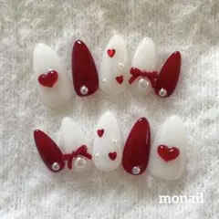 【現品】バーガンディ　ホワイト　赤ハートリボン　クリスマス　ガーリーネイルチップ