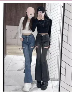 匿名 GRL サイドカットアウトリボンフレアデニムパンツ