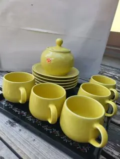 レトロ 黄色 コーヒーカップ ソーサー シュガーポット 5客セット