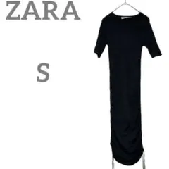 ZARA 【S】ブラック カットソーワンピース 半袖 ドレープ　ザラ　黒