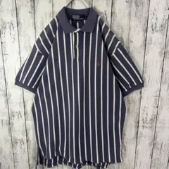 【USA製90s☆ポロバイラルフローレン】ストライプ柄☆ポロシャツ☆ネイビー☆L