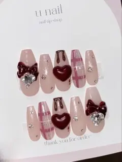 ネイルチップ ワンホン 韓国 量産型 バレンタイン チョコ チェック リボン 赤