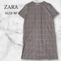 ザラ　ワンピース　チュニック　半袖　チェック柄　クルーネック　ポケット　ブラウン