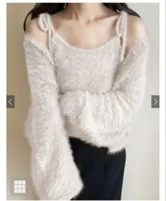 パールカーディガン×リボンキャミソールシャギーニットアンサンブル