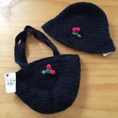 新品✨クロシェさくらんぼチェリー付きハット➕バッグ♡ブラック✨