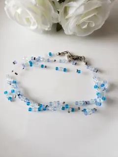 ブルー　クリアビーズ ２連ネックレス　ハンドメイド
