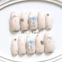ネイルチップ フレンチガーリー リボン 水色 ドットネイル 量産型 韓国