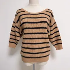 【エフデ】 バック リボン ウール混 ボーダー 7分袖 ニット プルオーバー 9