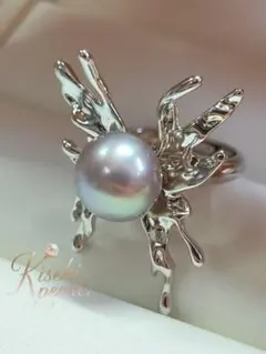 本真珠　淡水エジソンパール　淡藤色10㍉鏡面テリ　フリーサイズリング蝶々デザイン