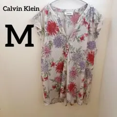 Calvin Klein【M】花柄 Vネック 半袖 シャツ トップス 透け感