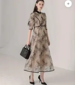 Lejaパイピングハイネック花柄ラメレースワンピースドレス・パーティドレス