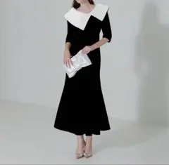 Leja ビッグカラーロングワンピース 配色アシンメトリー フレアドレス S