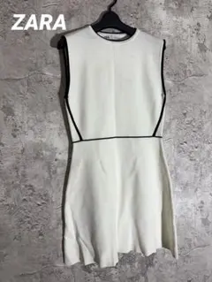 ZARA 白 黒パイピング ノースリーブ フレア ワンピース M 春秋 ニット