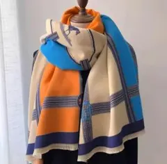 【SALE】ストール　大判ストール　マフラー　ショール　ブルー×オレンジ