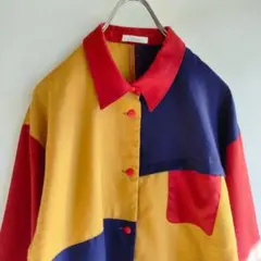 ウール　ブラウス　デザインブラウス　配色　ビンテージ　ヴィンテージ　ネイビー　赤