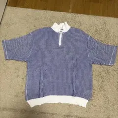 青白チェック ハーフジップワッフルニットポロシャツ
